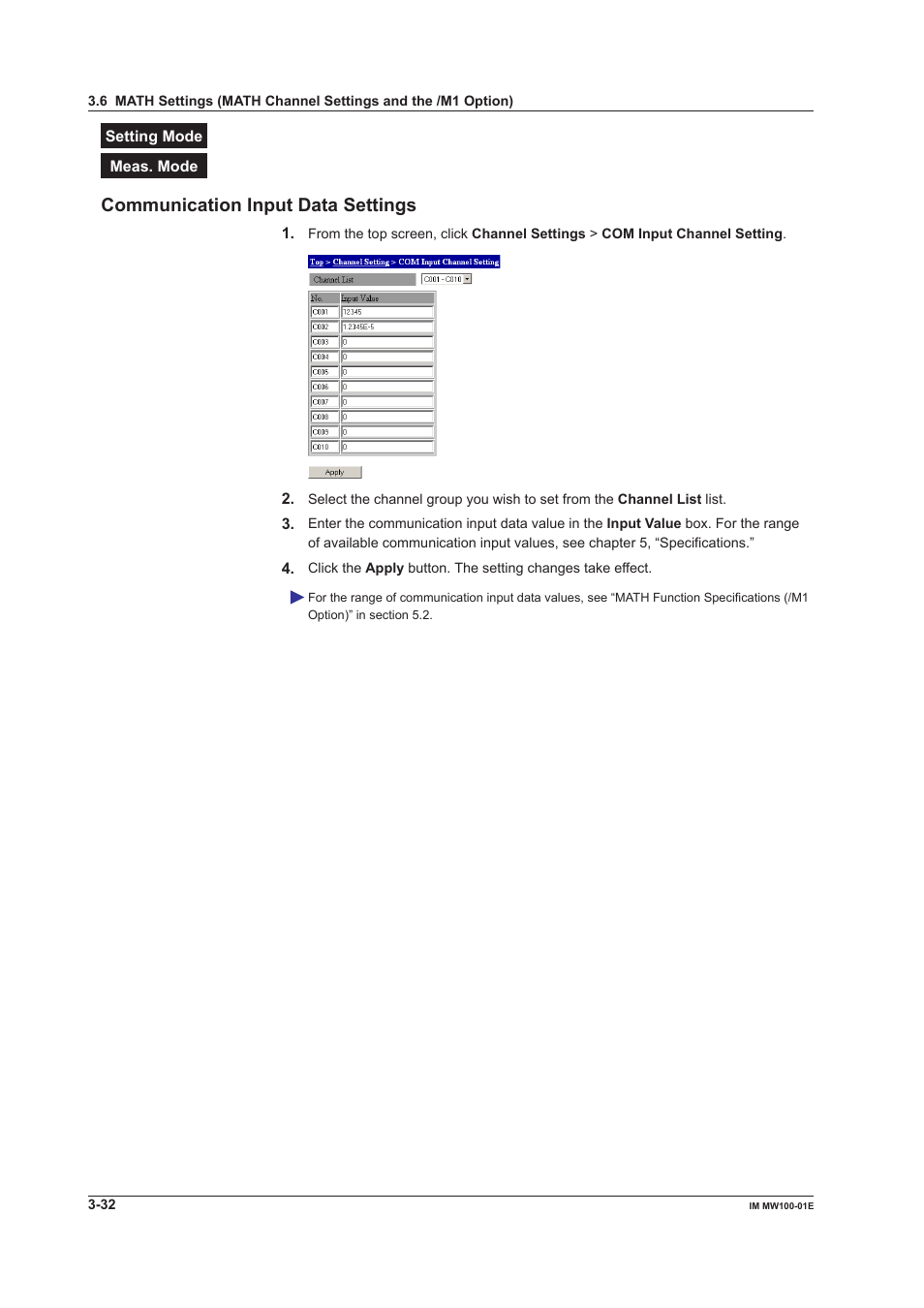 Communication input data settings, Communication input data settings -32 | Yokogawa Standalone MW100 User Manual | Page 154 / 305