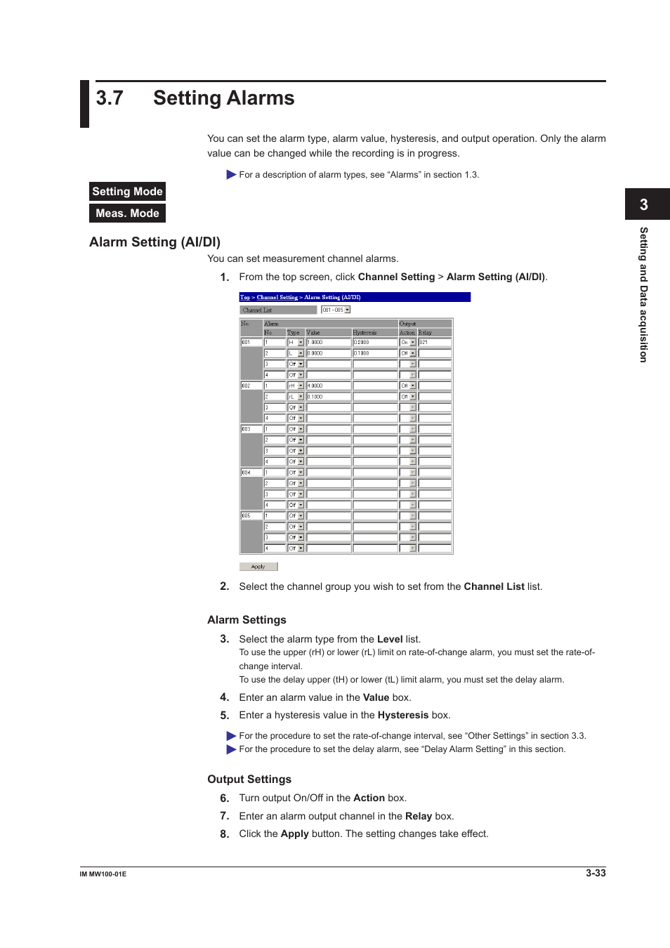 7 setting alarms, Alarm setting (ai/di), Setting alarms -33 alarm setting (ai/di) -33 | Yokogawa Standalone MW100 User Manual | Page 155 / 305