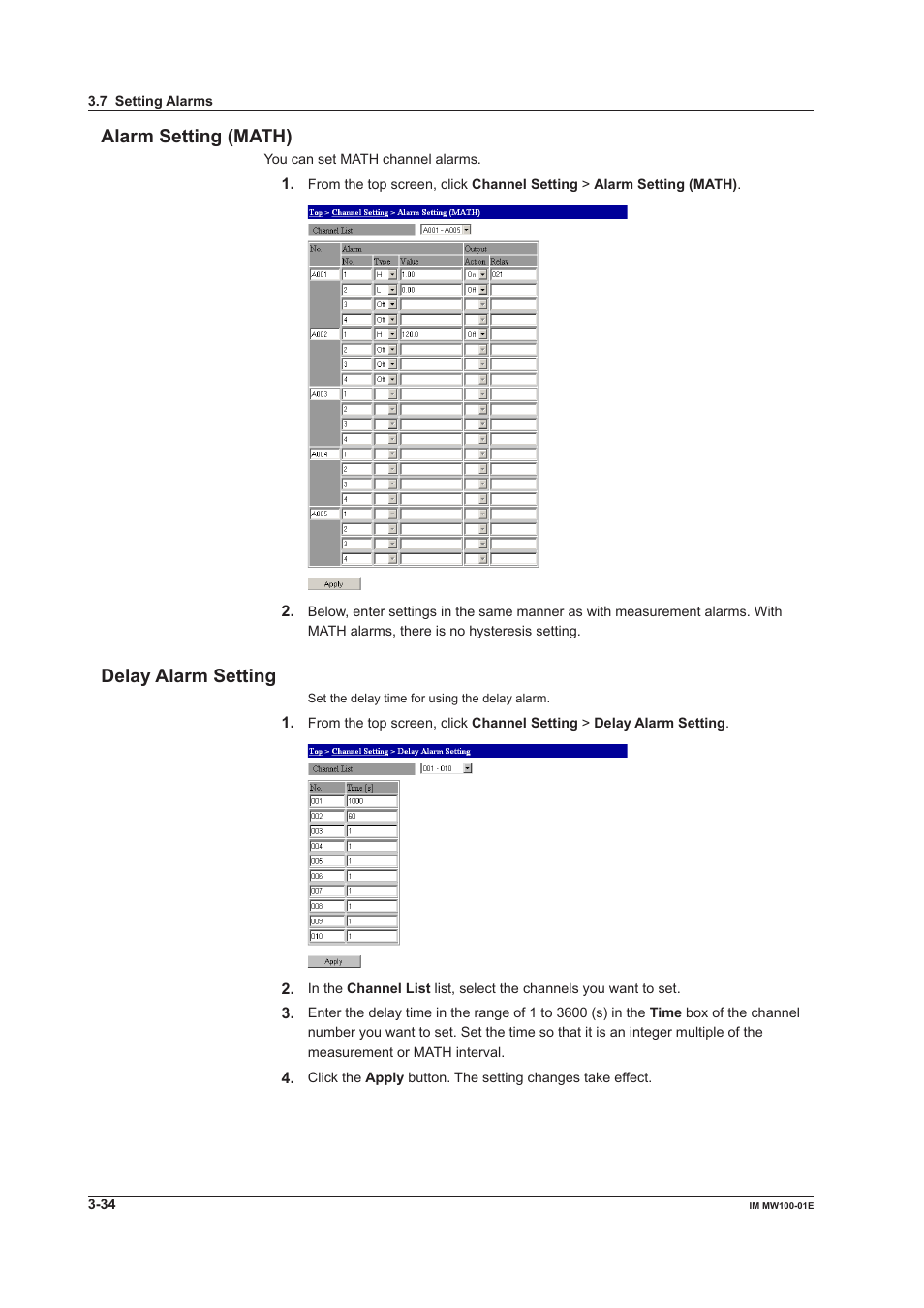 Alarm setting (math), Delay alarm setting, Alarm setting (math) -34 delay alarm setting -34 | Yokogawa Standalone MW100 User Manual | Page 156 / 305