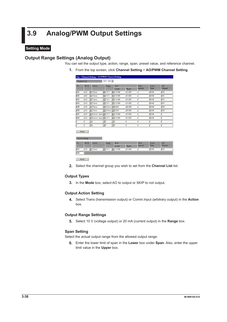 9 analog/pwm output settings, Output range settings (analog output) | Yokogawa Standalone MW100 User Manual | Page 158 / 305