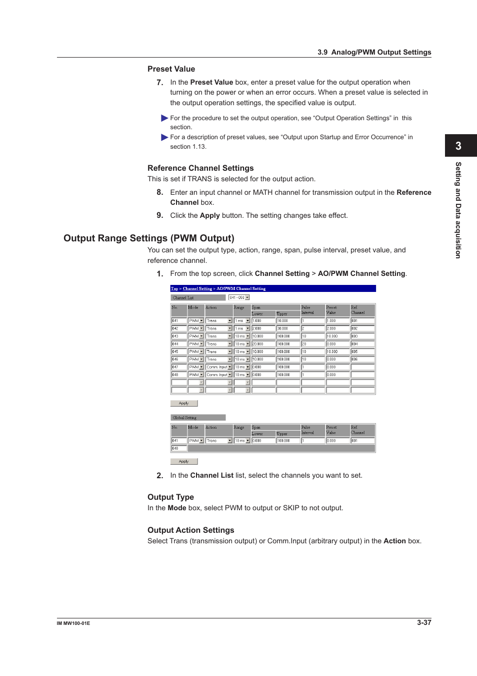 Output range settings (pwm output), Output range settings (pwm output) -37, App index | Yokogawa Standalone MW100 User Manual | Page 159 / 305