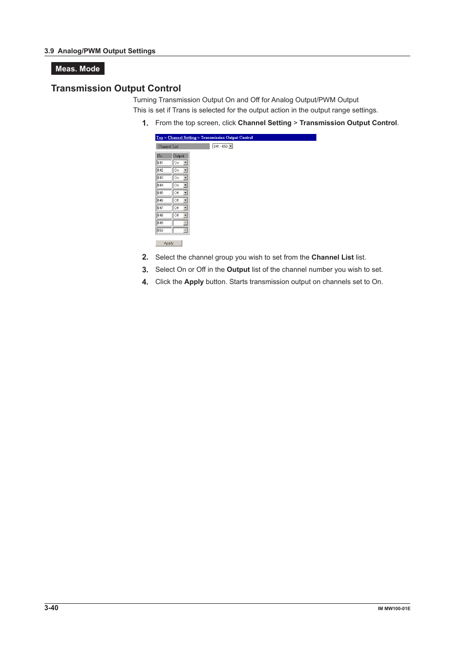 Transmission output control, Transmission output control -40 | Yokogawa Standalone MW100 User Manual | Page 162 / 305