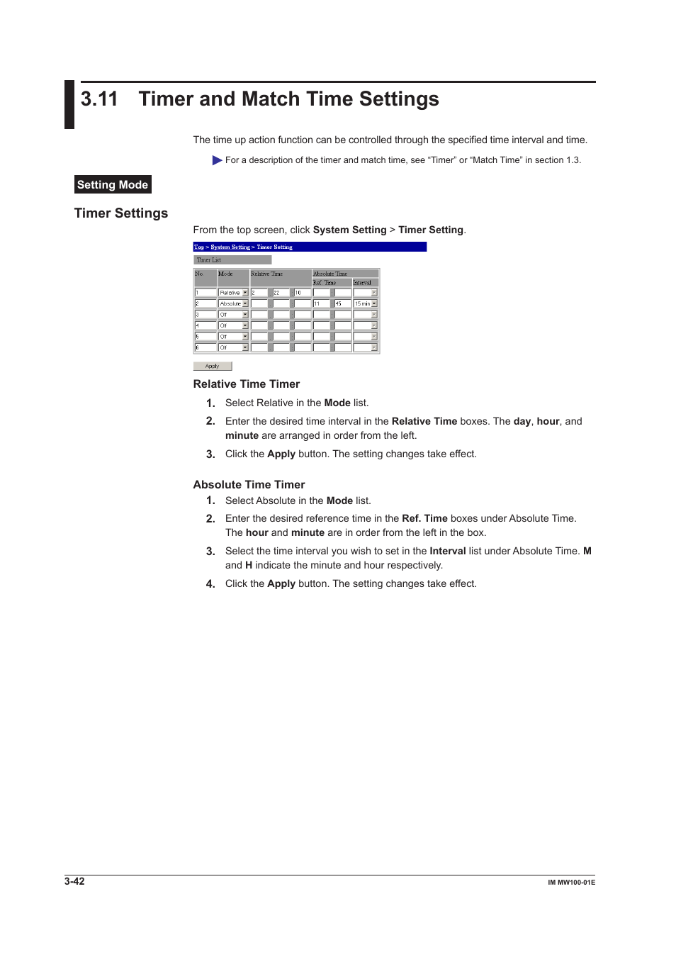 11 timer and match time settings, Timer settings, 11 timer and match time settings -42 | Timer settings -42 | Yokogawa Standalone MW100 User Manual | Page 164 / 305