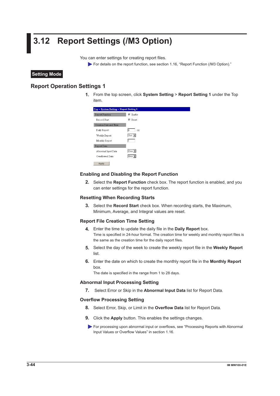 12 report settings (/m3 option), Report operation settings 1, 12 report settings (/m3 option) -44 | Report operation settings 1 -44 | Yokogawa Standalone MW100 User Manual | Page 166 / 305