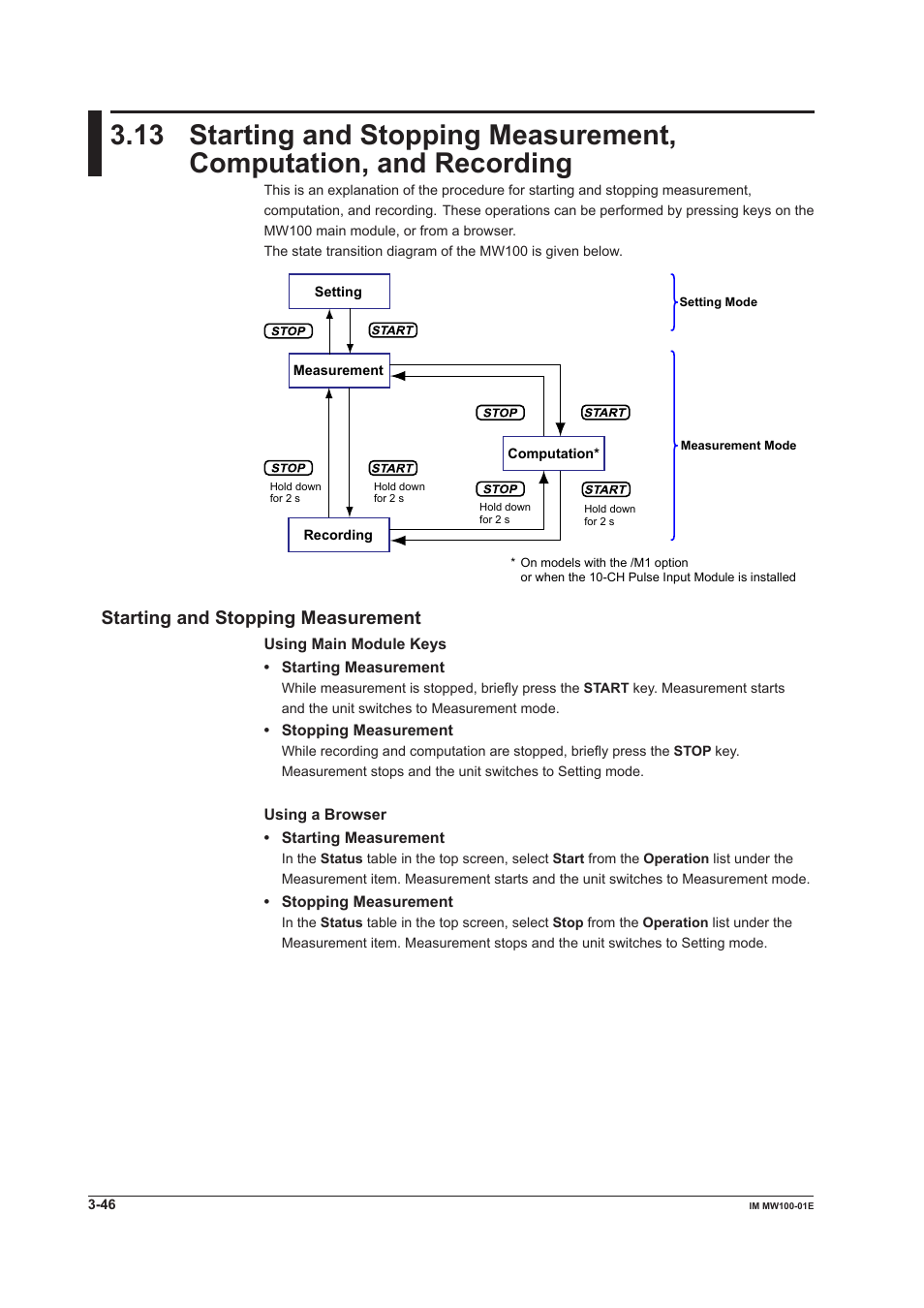 Starting and stopping measurement, Starting and stopping measurement -46 | Yokogawa Standalone MW100 User Manual | Page 168 / 305