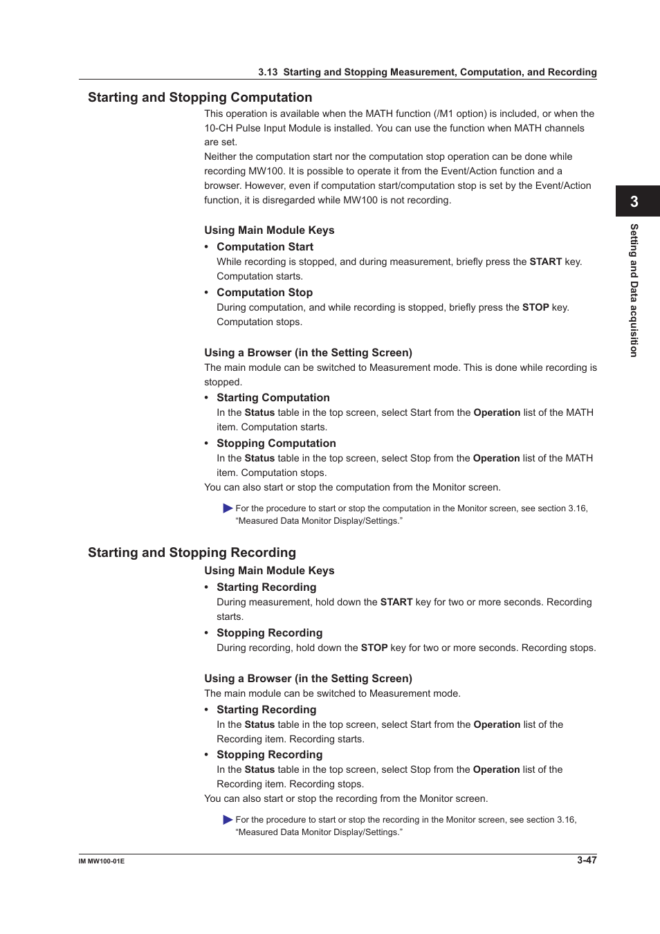 Starting and stopping computation, Starting and stopping recording, App index starting and stopping computation | Yokogawa Standalone MW100 User Manual | Page 169 / 305