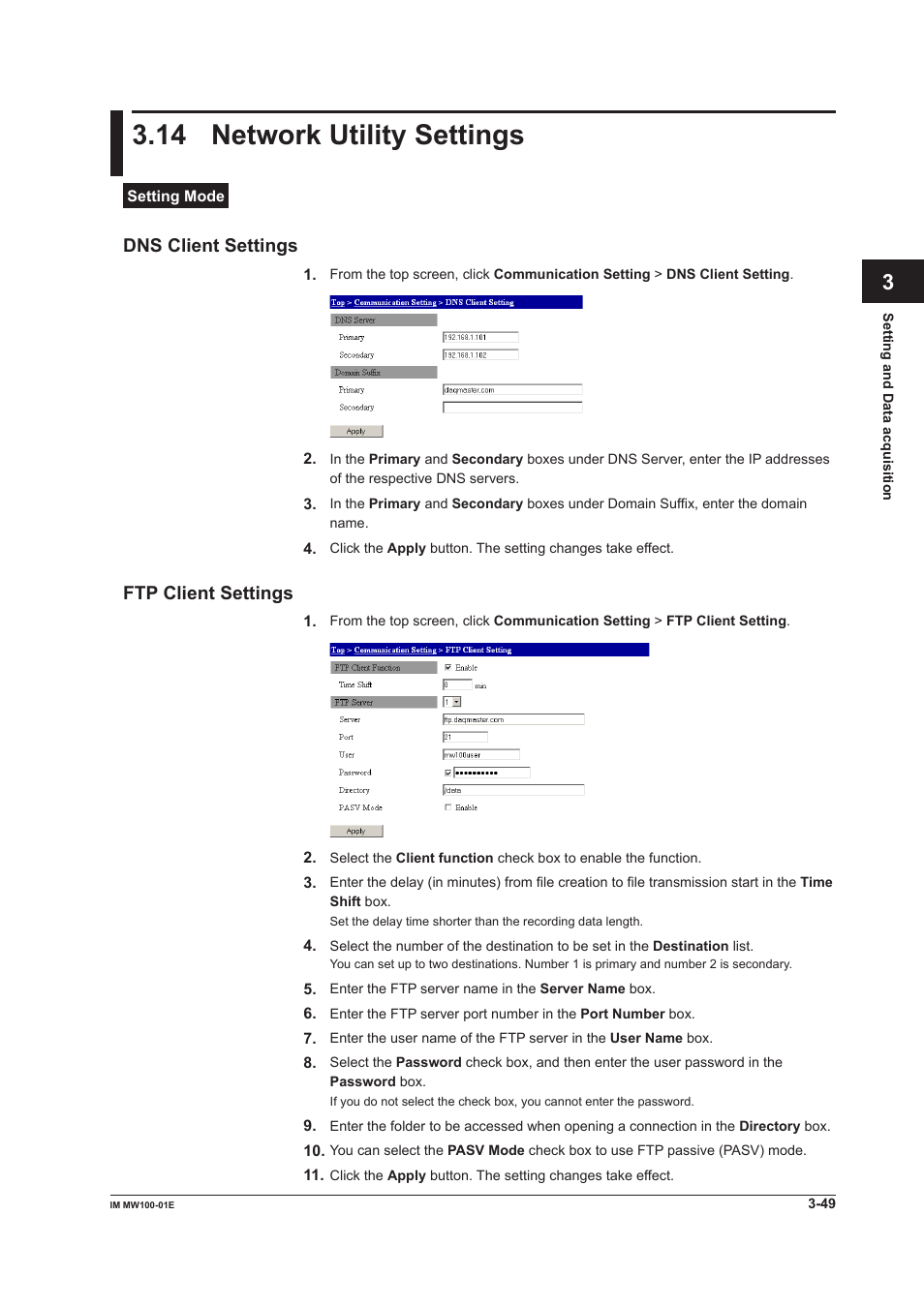 14 network utility settings, Dns client settings, Ftp client settings | 14 network utility settings -49, Dns client settings -49 ftp client settings -49, App index | Yokogawa Standalone MW100 User Manual | Page 171 / 305