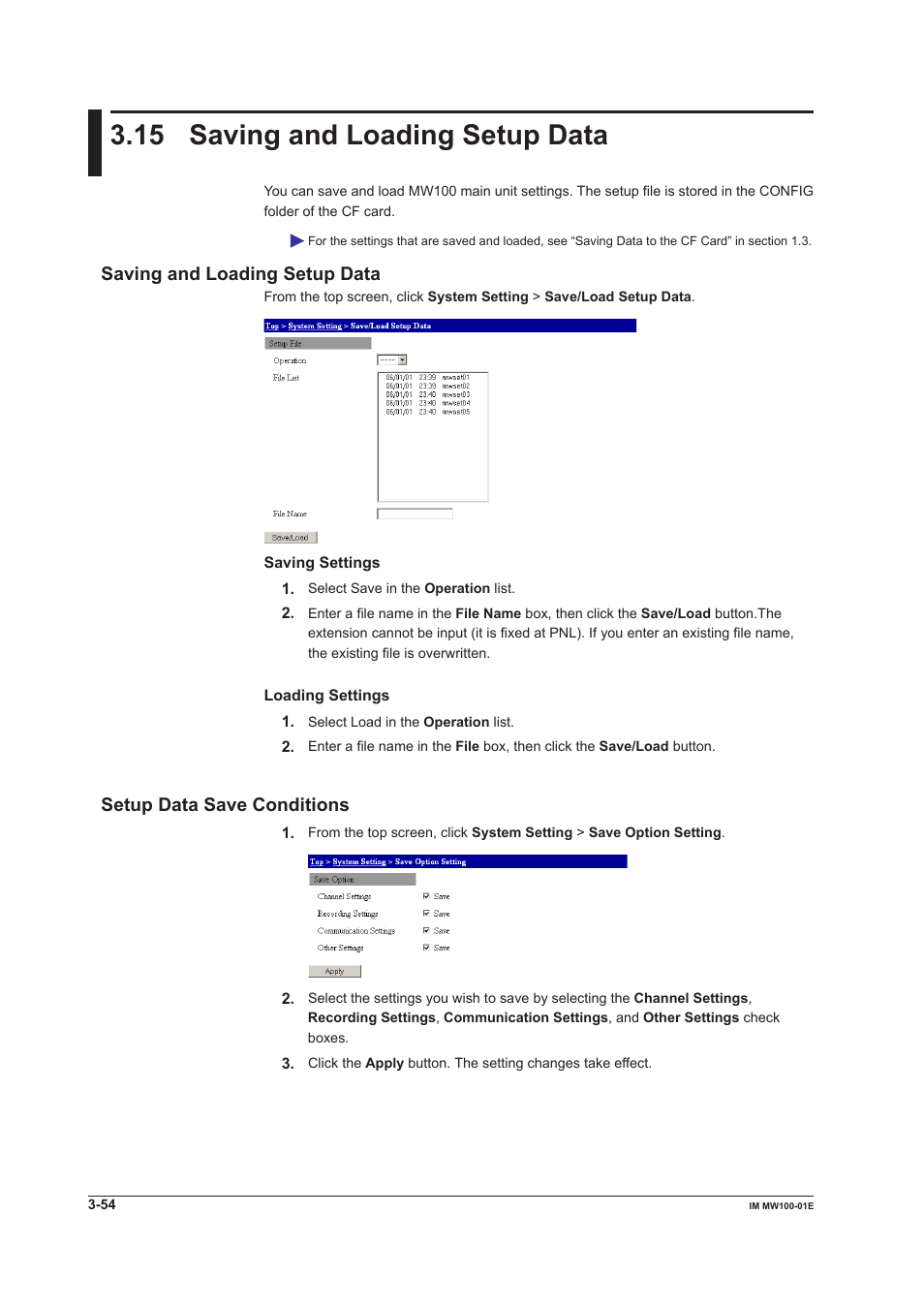 15 saving and loading setup data, Saving and loading setup data, Setup data save conditions | 15 saving and loading setup data -54 | Yokogawa Standalone MW100 User Manual | Page 176 / 305