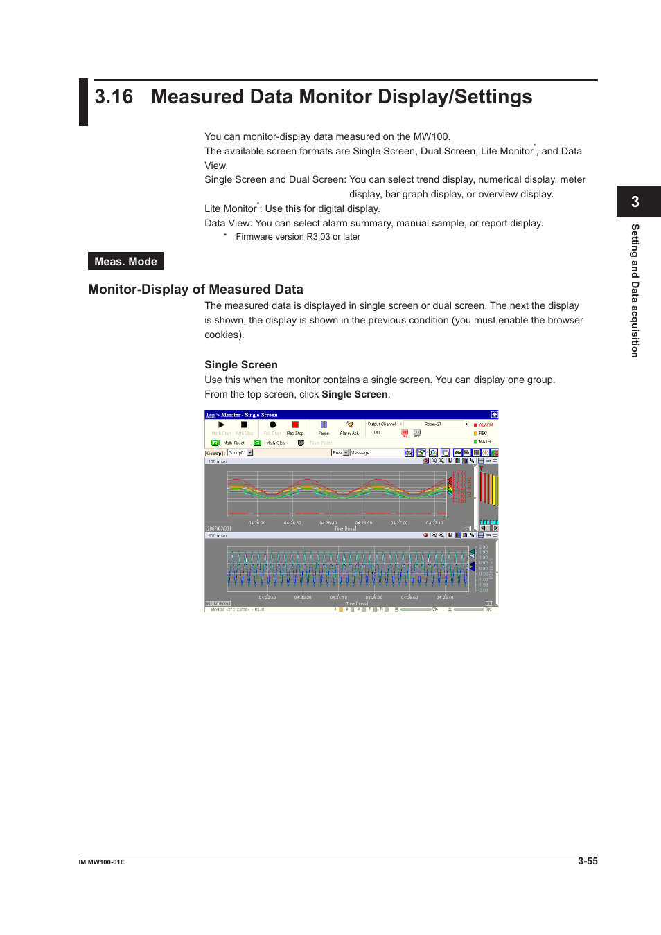 16 measured data monitor display/settings, Monitor-display of measured data, 16 measured data monitor display/settings -55 | Monitor-display of measured data -55 | Yokogawa Standalone MW100 User Manual | Page 177 / 305