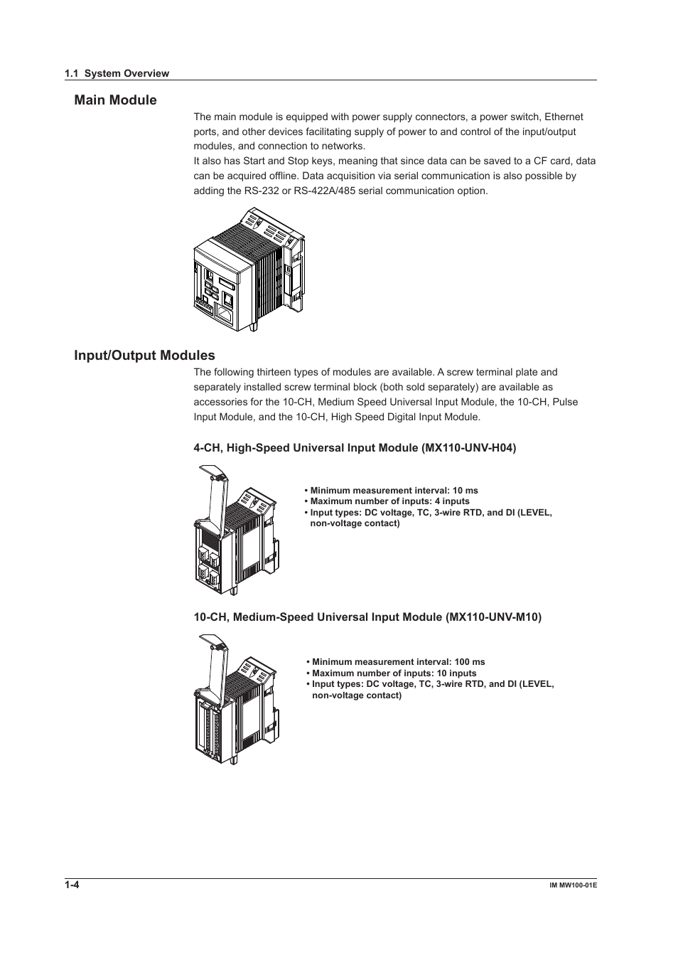 Main module, Input/output modules, Main module -4 input/output modules -4 | Yokogawa Standalone MW100 User Manual | Page 18 / 305