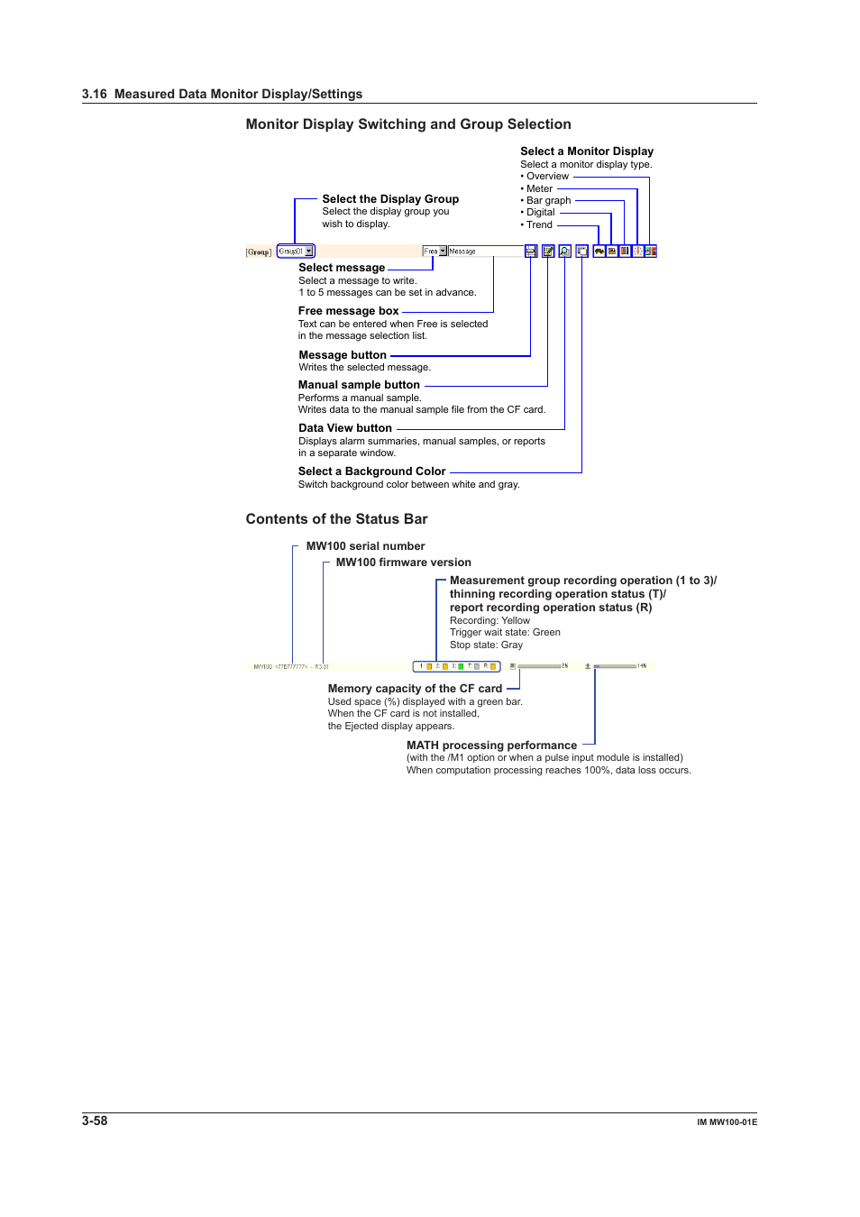 Monitor display switching and group selection, Contents of the status bar | Yokogawa Standalone MW100 User Manual | Page 180 / 305