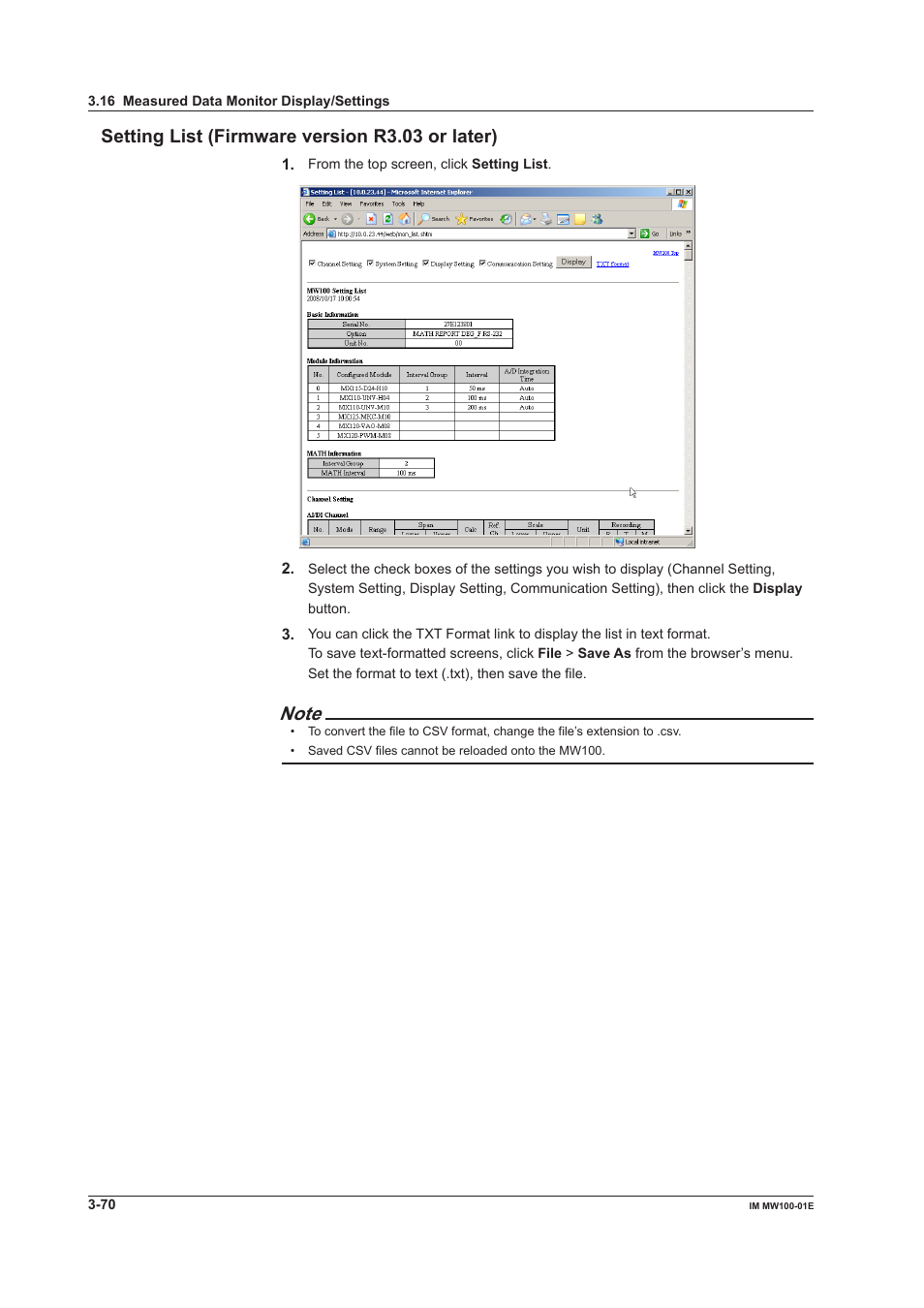 Setting list (firmware version r3.03 or later), Setting list (firmware version r3.03 or later) -70 | Yokogawa Standalone MW100 User Manual | Page 192 / 305