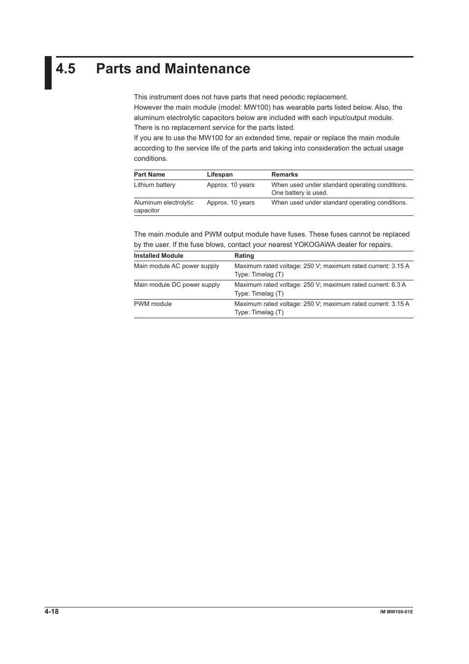 5 parts and maintenance, Parts and maintenance -18 | Yokogawa Standalone MW100 User Manual | Page 210 / 305