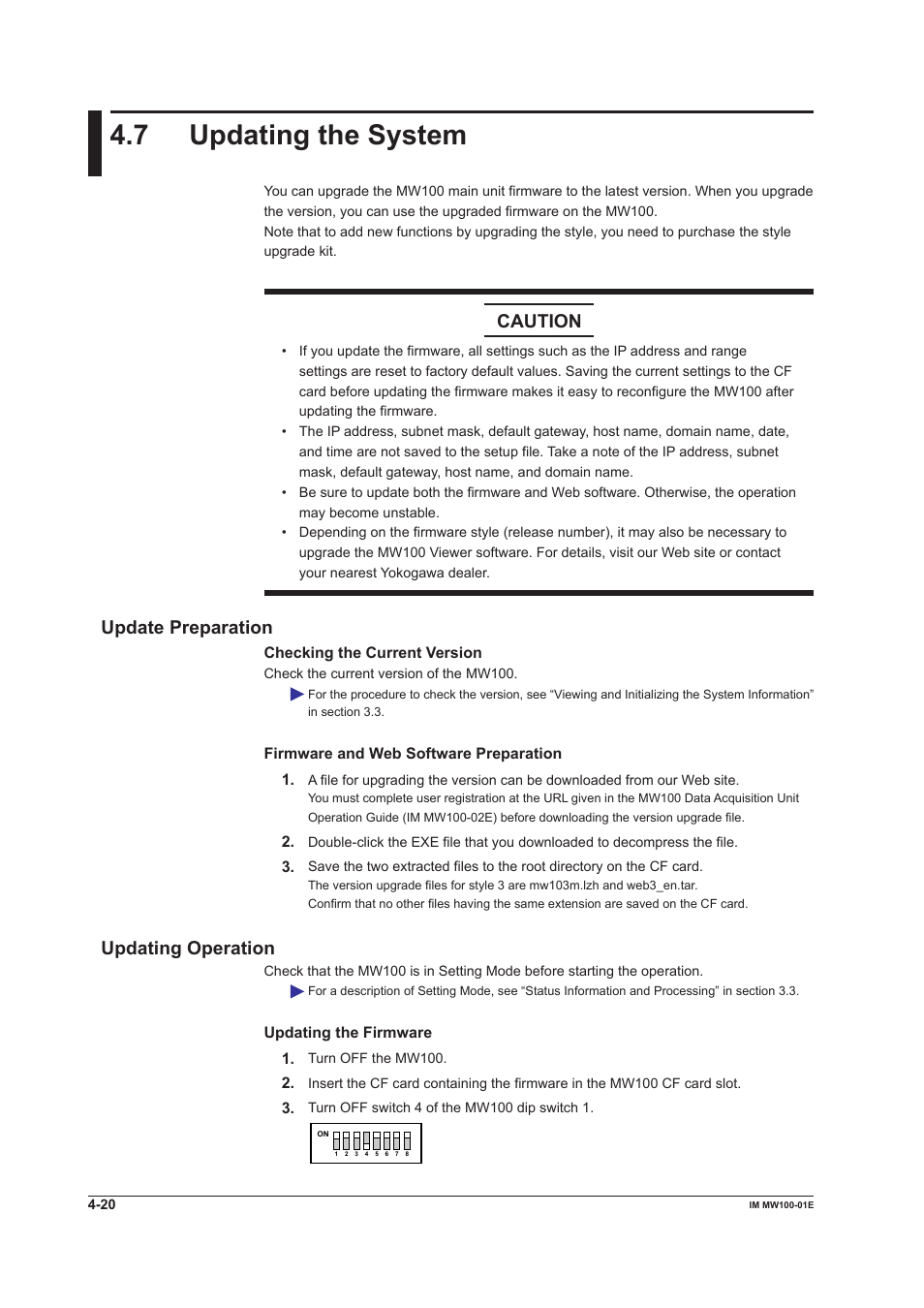 7 updating the system, Update preparation, Updating operation | Caution | Yokogawa Standalone MW100 User Manual | Page 212 / 305