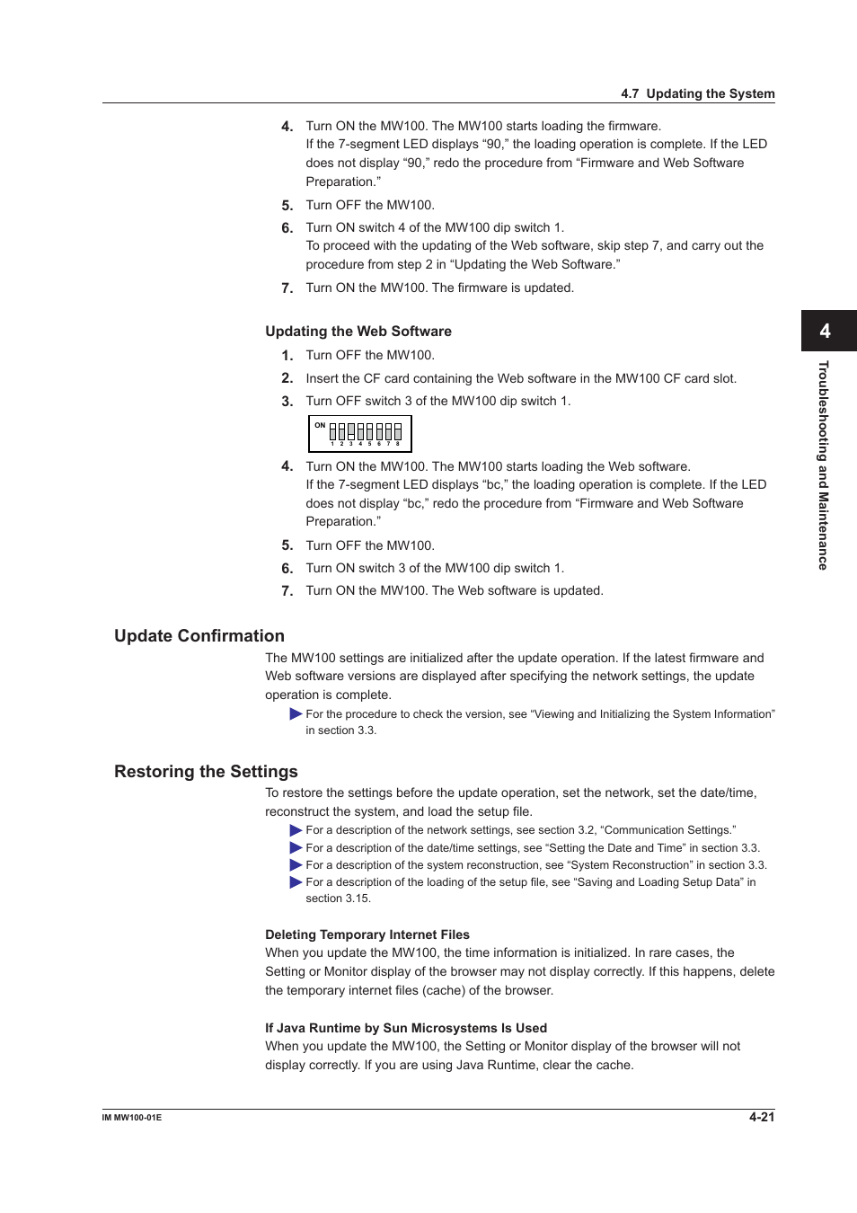 Update confirmation, Restoring the settings, Update confirmation -21 restoring the settings -21 | App index | Yokogawa Standalone MW100 User Manual | Page 213 / 305