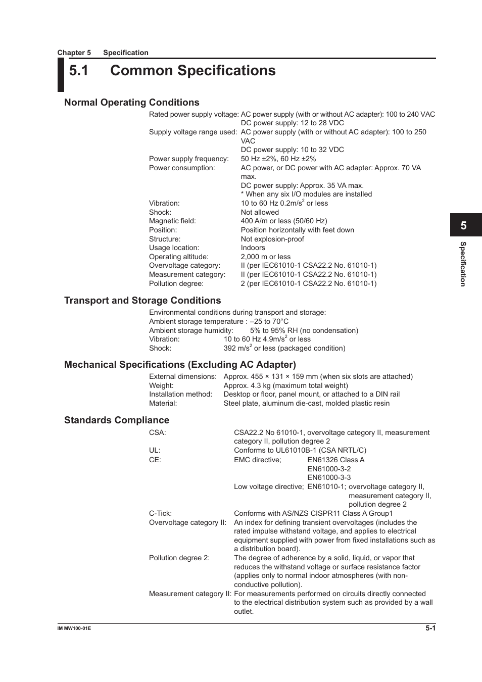 Chapter 5 specification, 1 common specifications, Normal operating conditions | Transport and storage conditions, Mechanical specifications (excluding ac adapter), Standards compliance, App index | Yokogawa Standalone MW100 User Manual | Page 214 / 305