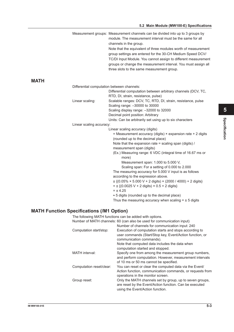 Math, Math function specifications (/m1 option), App index | Yokogawa Standalone MW100 User Manual | Page 216 / 305