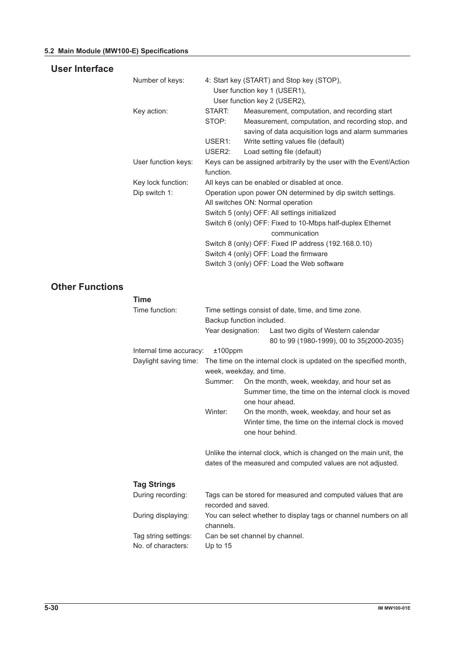 User interface, Other functions, User interface -30 other functions -30 | Yokogawa Standalone MW100 User Manual | Page 243 / 305