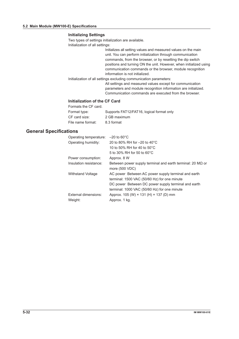 General specifications, General specifications -32 | Yokogawa Standalone MW100 User Manual | Page 245 / 305