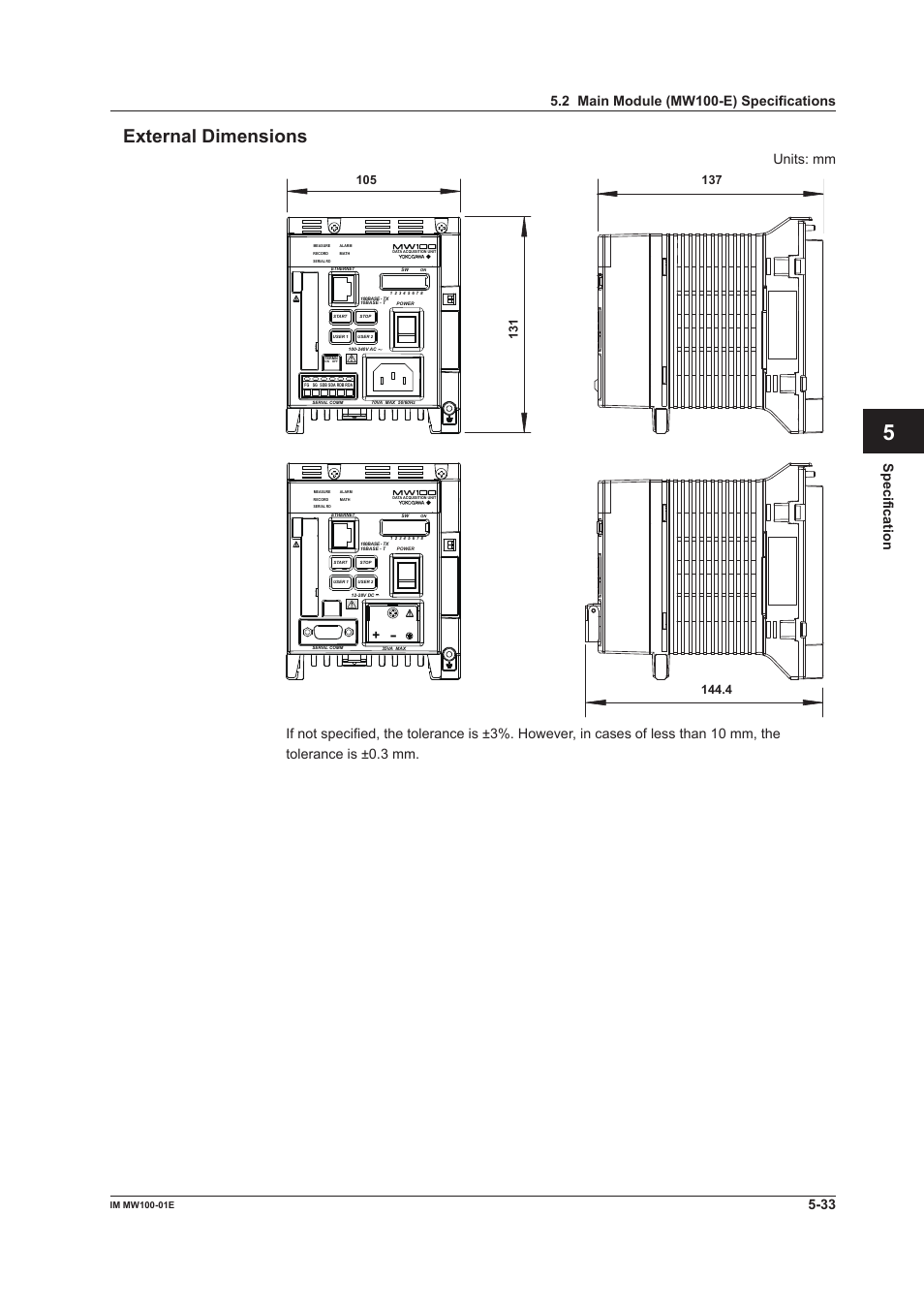 External dimensions, External dimensions -33, App index external dimensions | Specification, Units: mm | Yokogawa Standalone MW100 User Manual | Page 246 / 305