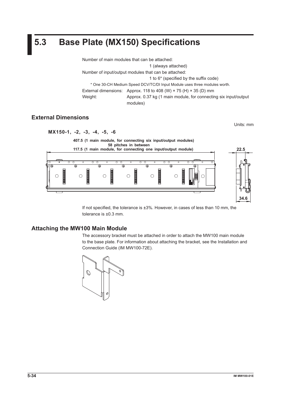 3 base plate (mx150) specifications, External dimensions, Attaching the mw100 main module | Yokogawa Standalone MW100 User Manual | Page 247 / 305