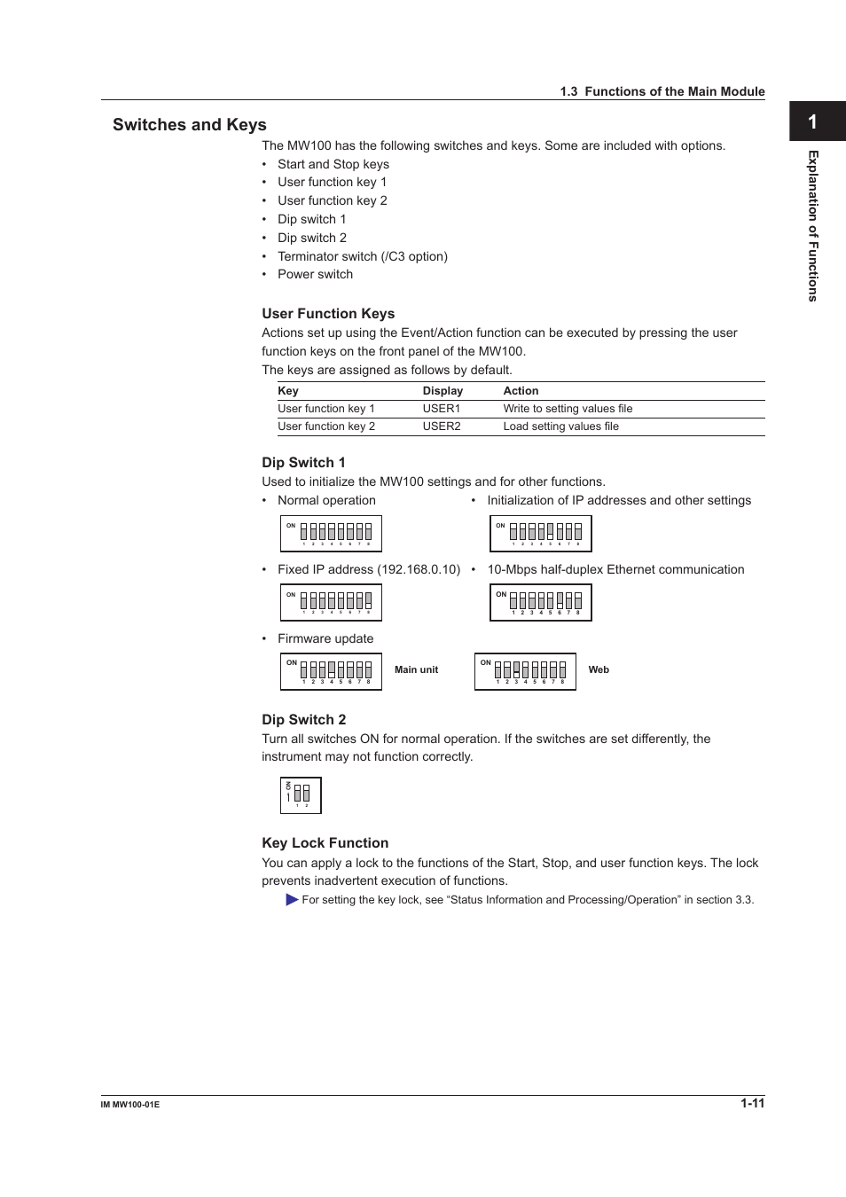 Switches and keys, Switches and keys -11, App index switches and keys | User function keys, Dip switch 1, Dip switch 2, Key lock function, Explanation of functions, Firmware update, 3 functions of the main module | Yokogawa Standalone MW100 User Manual | Page 25 / 305