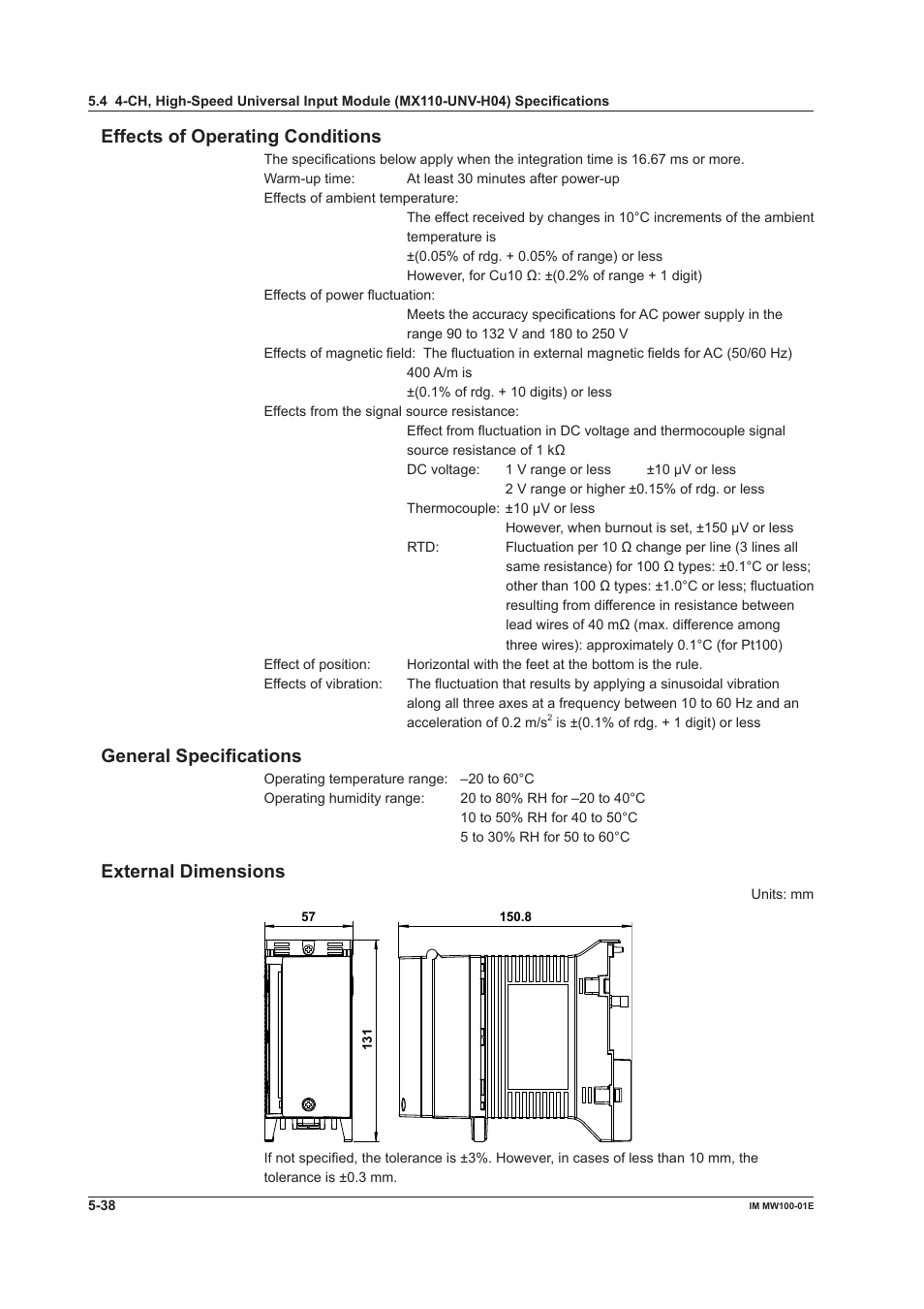 Effects of operating conditions, General specifications, External dimensions | Yokogawa Standalone MW100 User Manual | Page 251 / 305