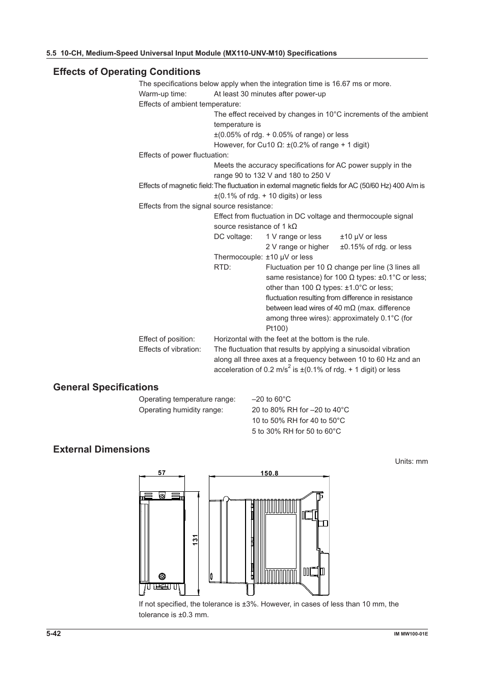 Effects of operating conditions, General specifications, External dimensions | Yokogawa Standalone MW100 User Manual | Page 255 / 305