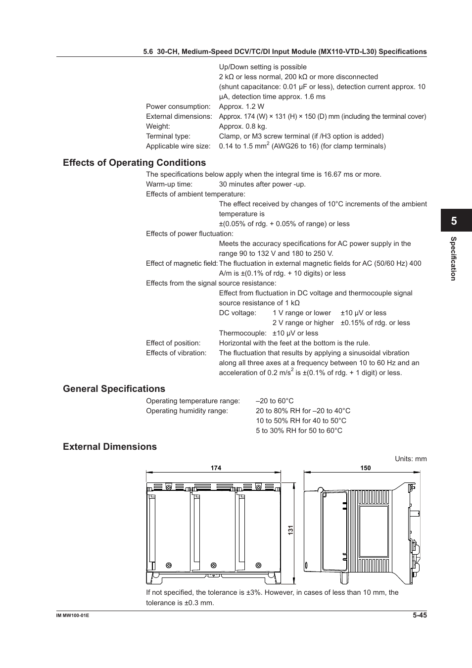 Effects of operating conditions, General specifications, External dimensions | App index | Yokogawa Standalone MW100 User Manual | Page 258 / 305