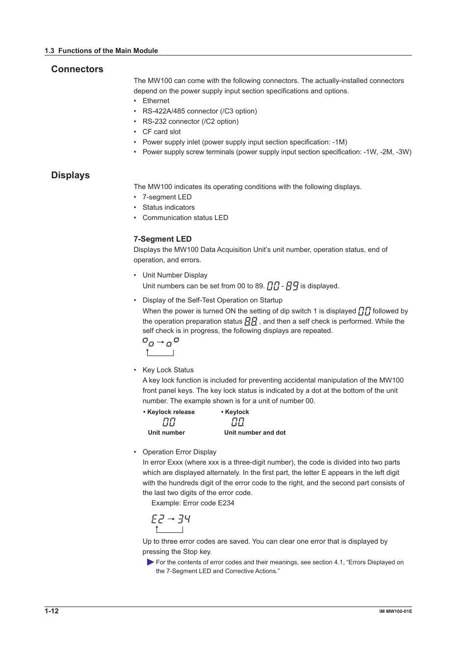 Connectors, Displays, Connectors -12 displays -12 | Yokogawa Standalone MW100 User Manual | Page 26 / 305