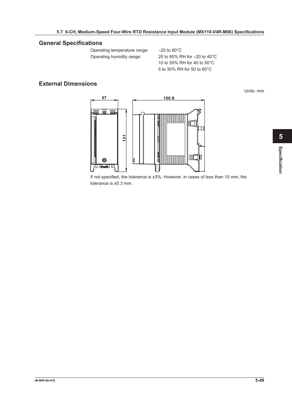 General specifications, External dimensions, General specifications -49 external dimensions -49 | App index general specifications | Yokogawa Standalone MW100 User Manual | Page 262 / 305