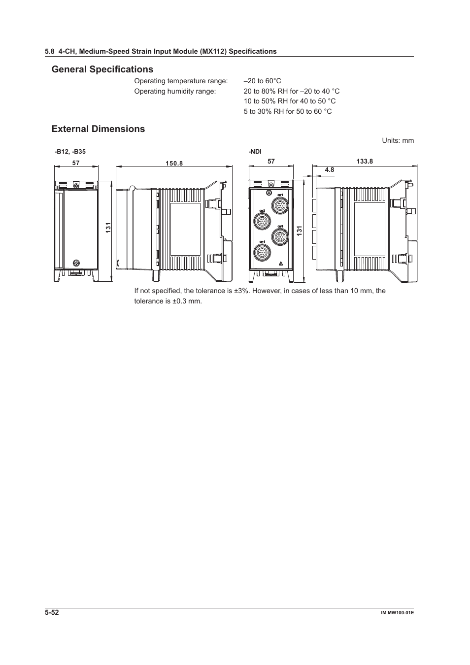 General specifications, External dimensions, General specifications -52 external dimensions -52 | Yokogawa Standalone MW100 User Manual | Page 265 / 305