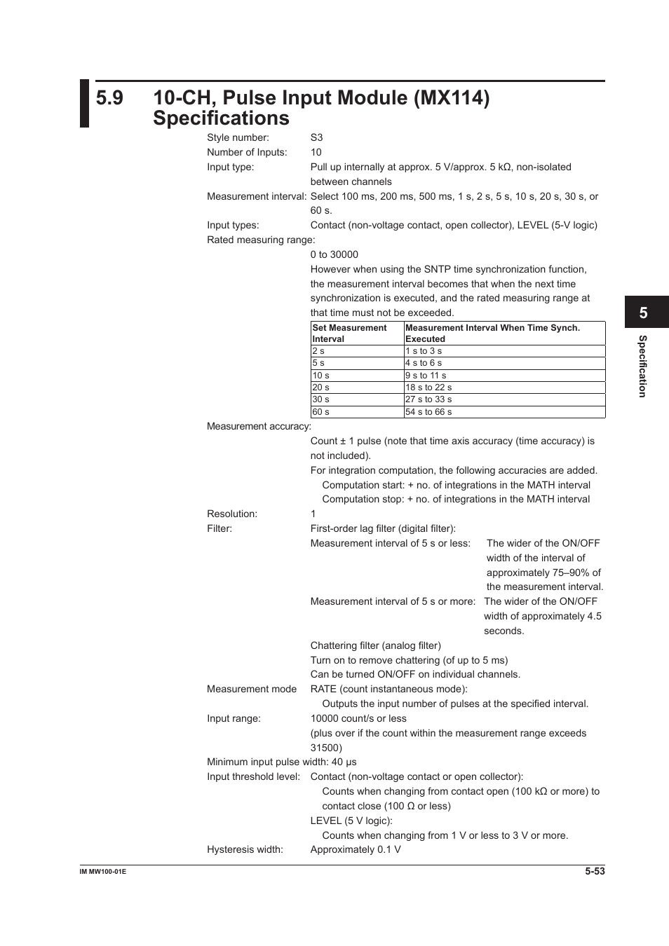 9 10-ch, pulse input module (mx114) specifications, Ch, pulse input module (mx114) specifications -53, App index | Yokogawa Standalone MW100 User Manual | Page 266 / 305