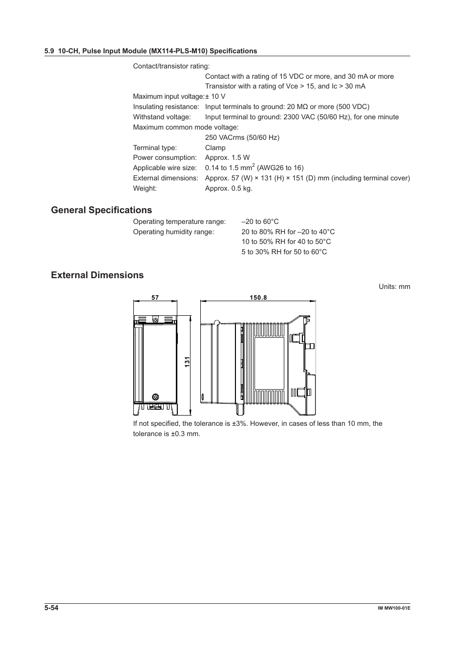 General specifications, External dimensions, General specifications -54 external dimensions -54 | Yokogawa Standalone MW100 User Manual | Page 267 / 305