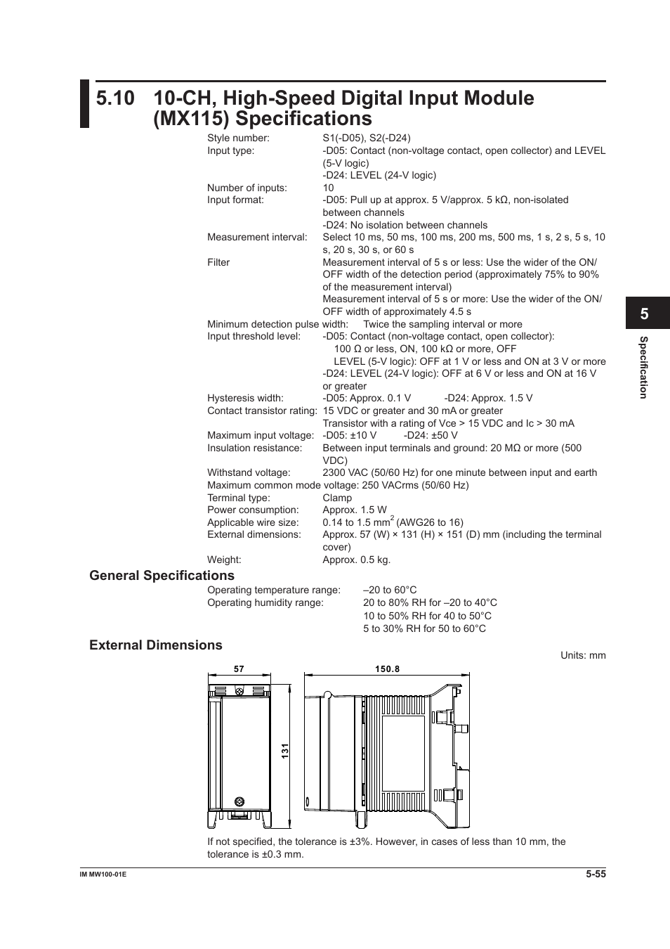 General specifications, External dimensions, General specifications -55 external dimensions -55 | App index | Yokogawa Standalone MW100 User Manual | Page 268 / 305