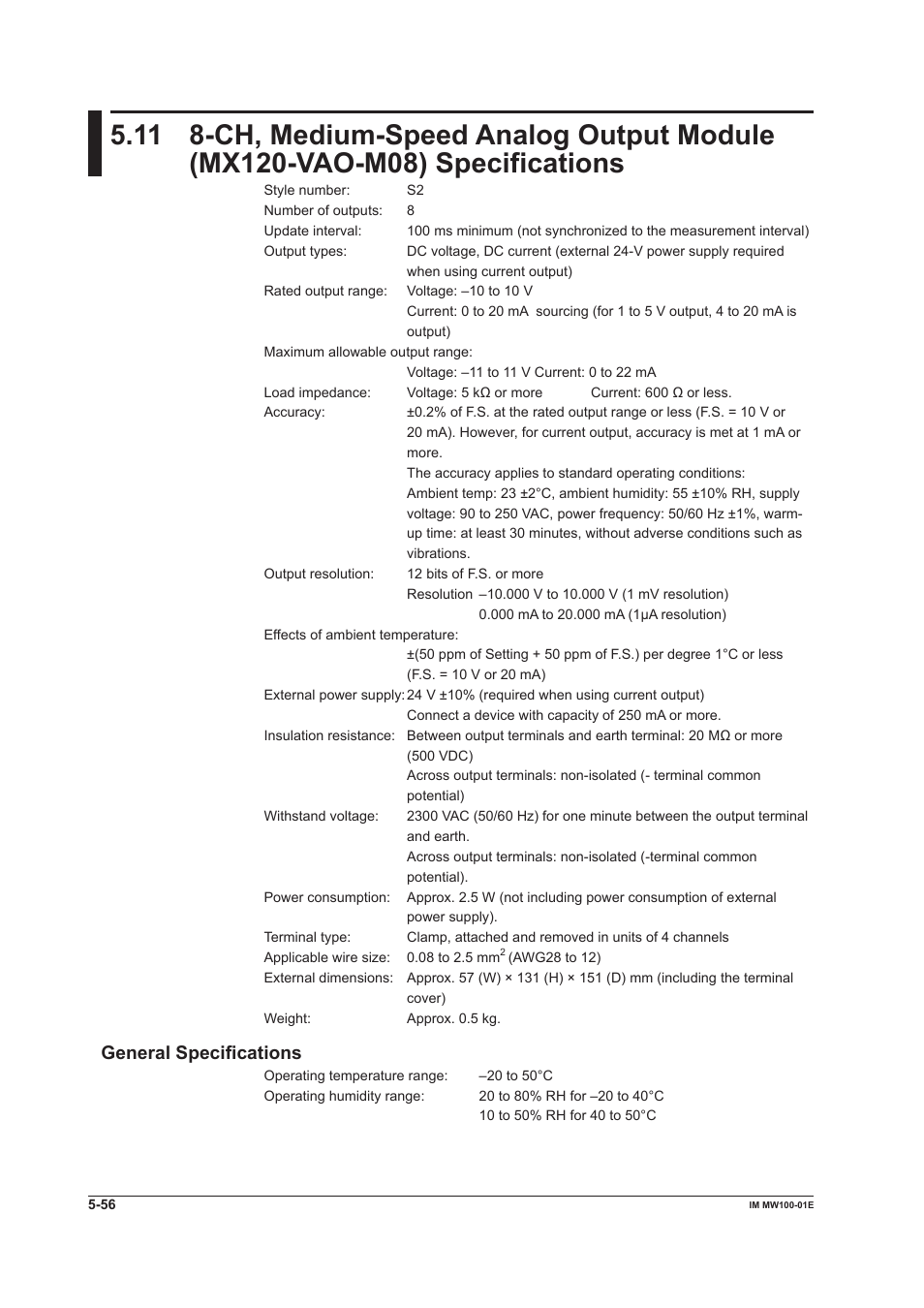 General specifications, General specifications -56 | Yokogawa Standalone MW100 User Manual | Page 269 / 305