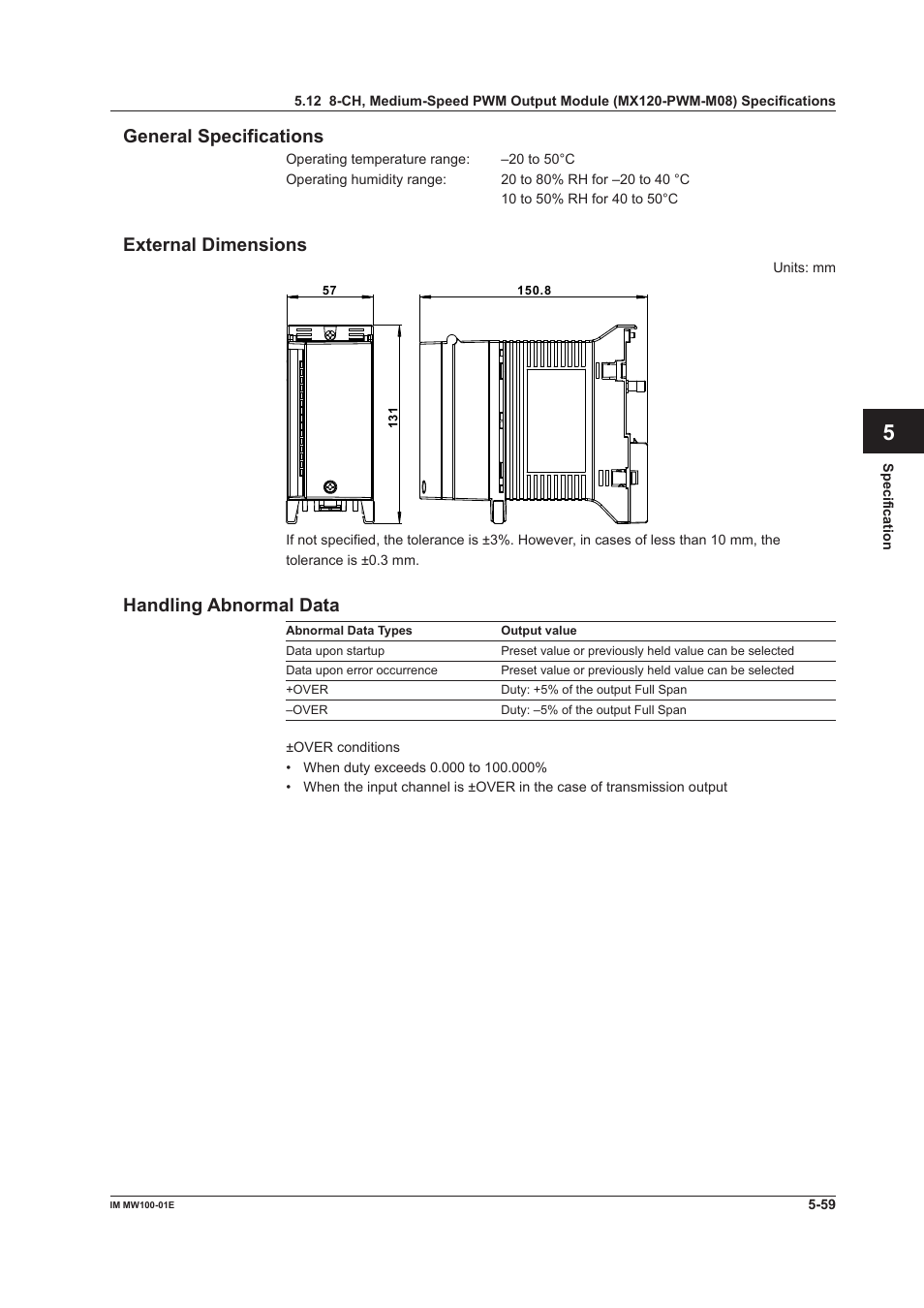 General specifications, External dimensions, Handling abnormal data | App index general specifications | Yokogawa Standalone MW100 User Manual | Page 272 / 305