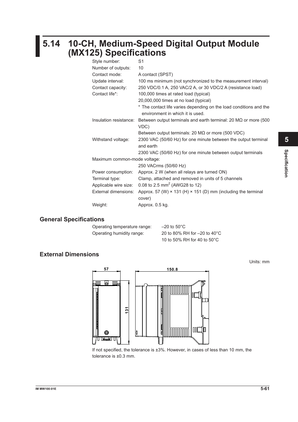 General specifications, External dimensions, General specifications -61 external dimensions -61 | App index | Yokogawa Standalone MW100 User Manual | Page 274 / 305