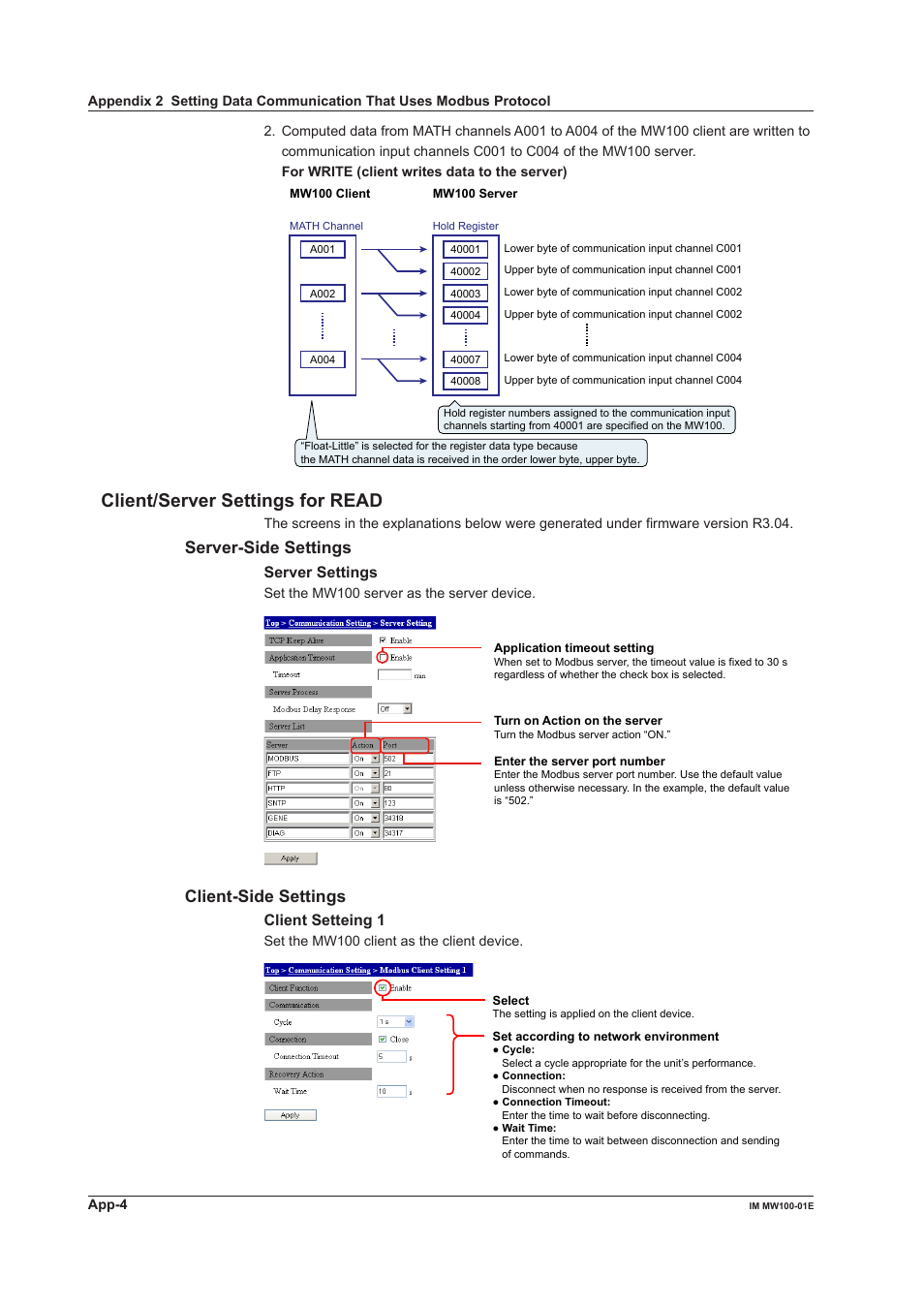 Client/server settings for read, Server-side settings, Client-side settings | Server settings, Client setteing 1 | Yokogawa Standalone MW100 User Manual | Page 278 / 305