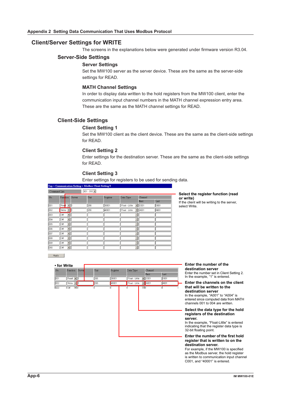 Client/server settings for write, Server-side settings, Client-side settings | Yokogawa Standalone MW100 User Manual | Page 280 / 305