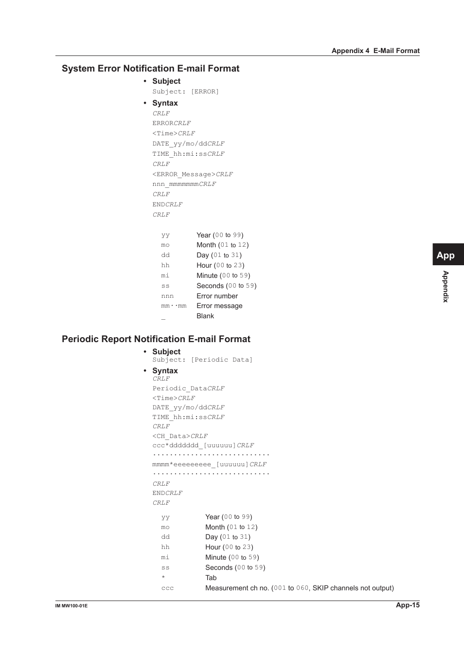 System error notification e-mail format, Periodic report notification e-mail format, App index system error notification e-mail format | Yokogawa Standalone MW100 User Manual | Page 289 / 305