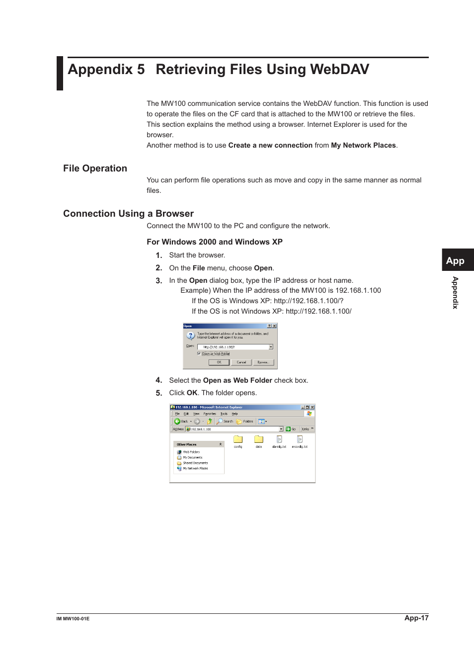 Appendix 5 retrieving files using webdav, File operation, Connection using a browser | Yokogawa Standalone MW100 User Manual | Page 291 / 305