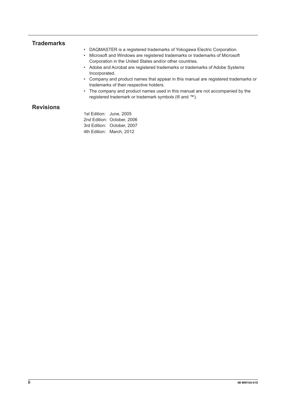 Trademarks, Revisions | Yokogawa Standalone MW100 User Manual | Page 3 / 305