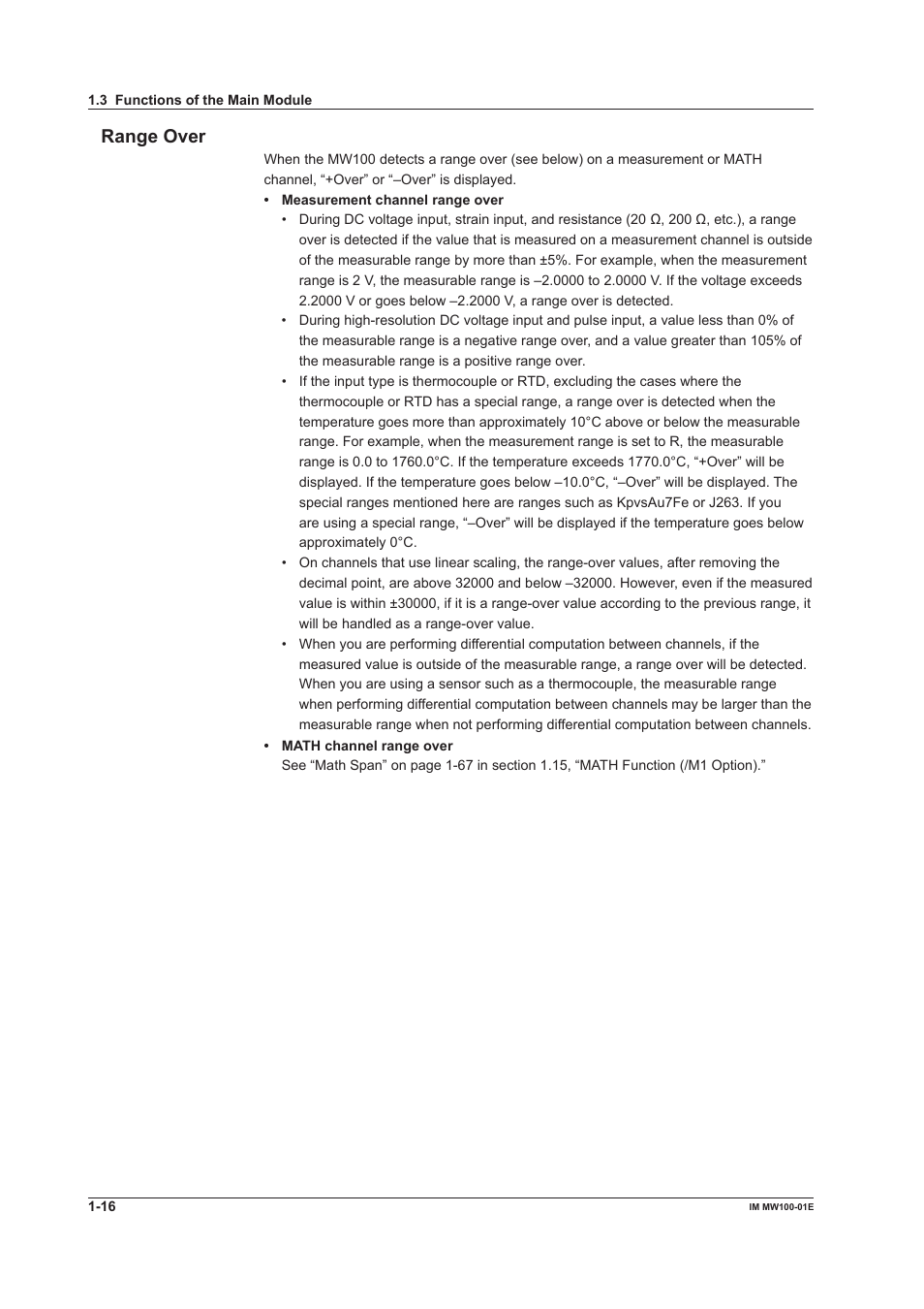 Range over, Range over -16 | Yokogawa Standalone MW100 User Manual | Page 30 / 305