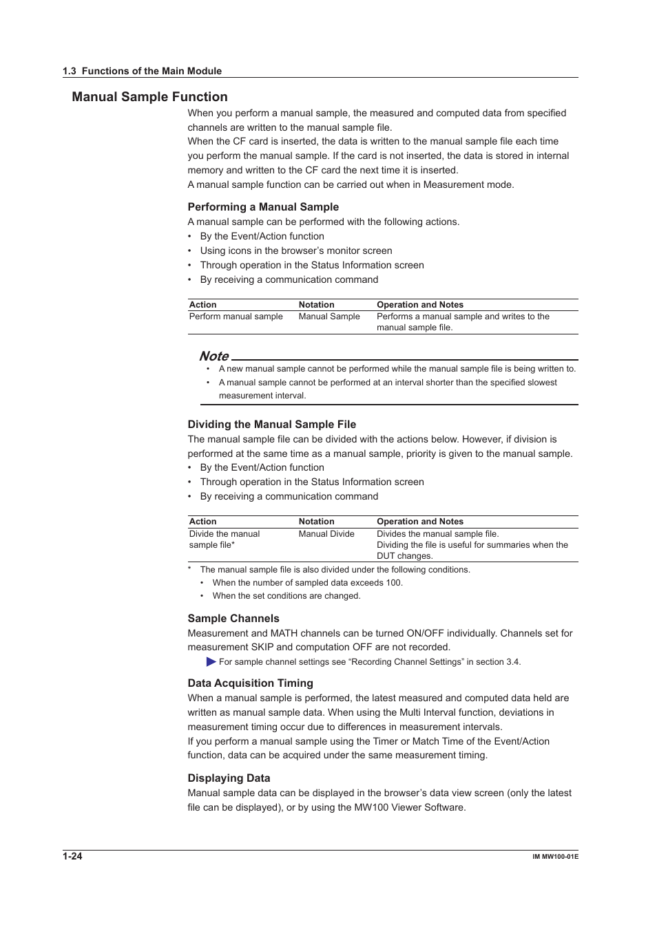 Manual sample function, Manual sample function -24 | Yokogawa Standalone MW100 User Manual | Page 38 / 305