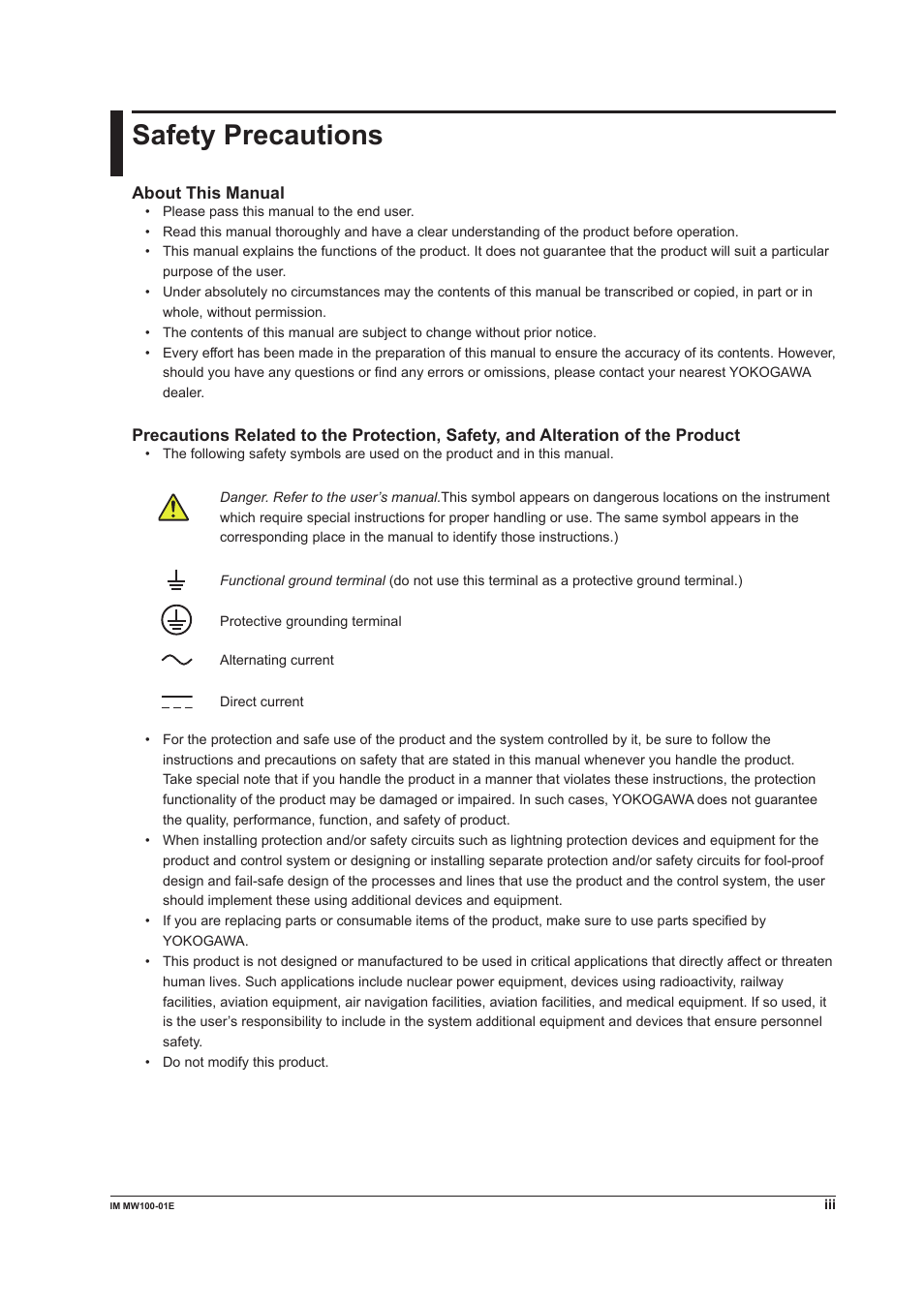 Safety precautions | Yokogawa Standalone MW100 User Manual | Page 4 / 305