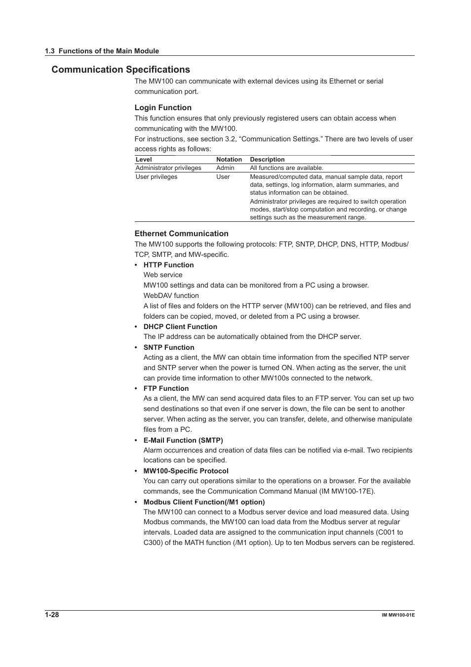 Communication specifications, Communication specifications -28 | Yokogawa Standalone MW100 User Manual | Page 42 / 305