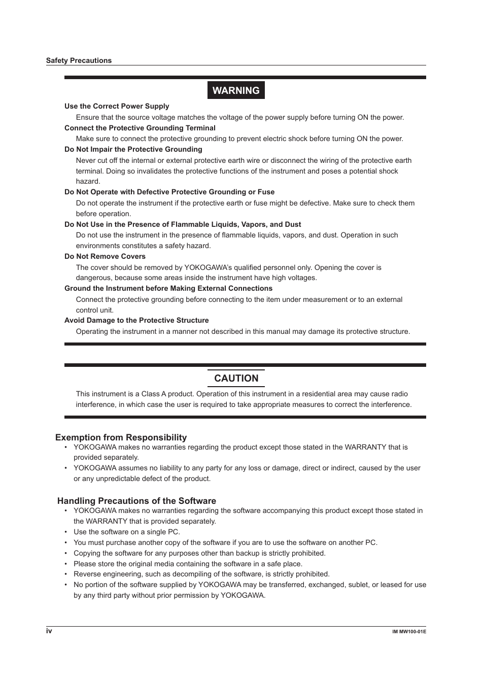 Warn warning, Caution | Yokogawa Standalone MW100 User Manual | Page 5 / 305