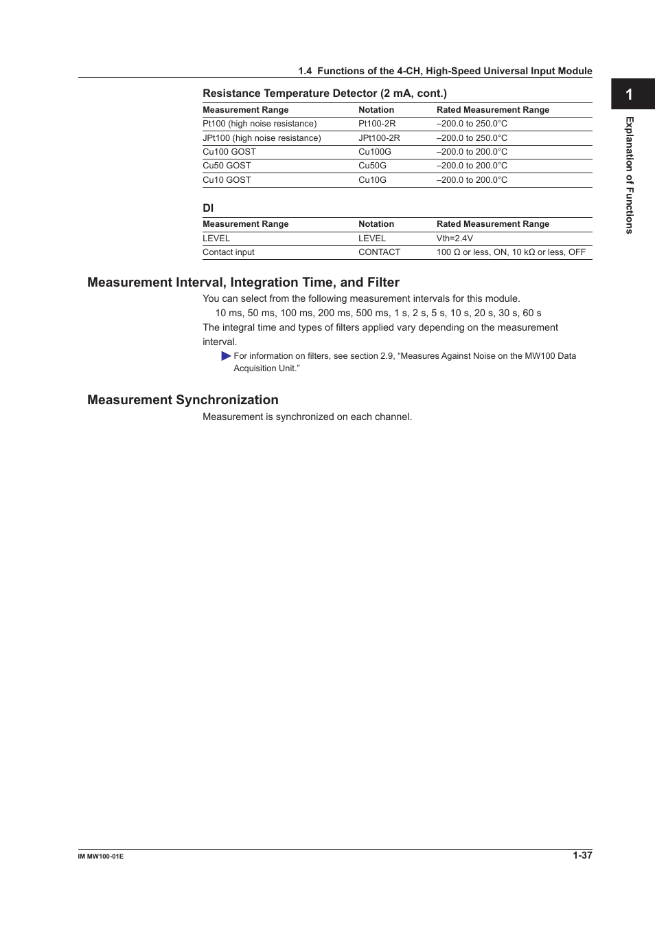 Measurement interval, integration time, and filter, Measurement synchronization, App index | Yokogawa Standalone MW100 User Manual | Page 51 / 305