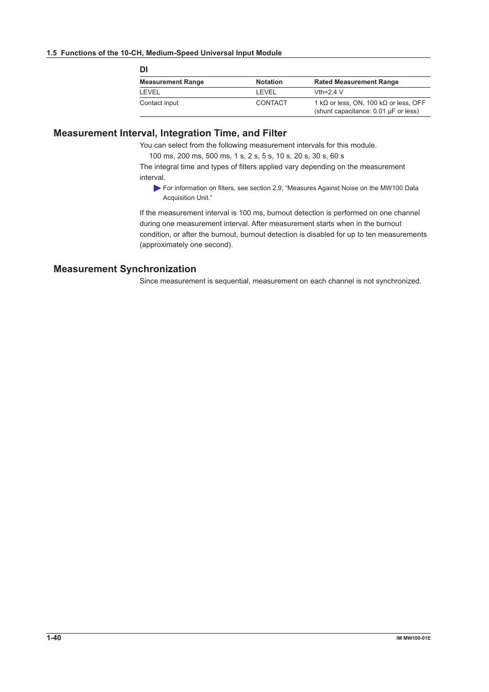 Measurement interval, integration time, and filter, Measurement synchronization | Yokogawa Standalone MW100 User Manual | Page 54 / 305